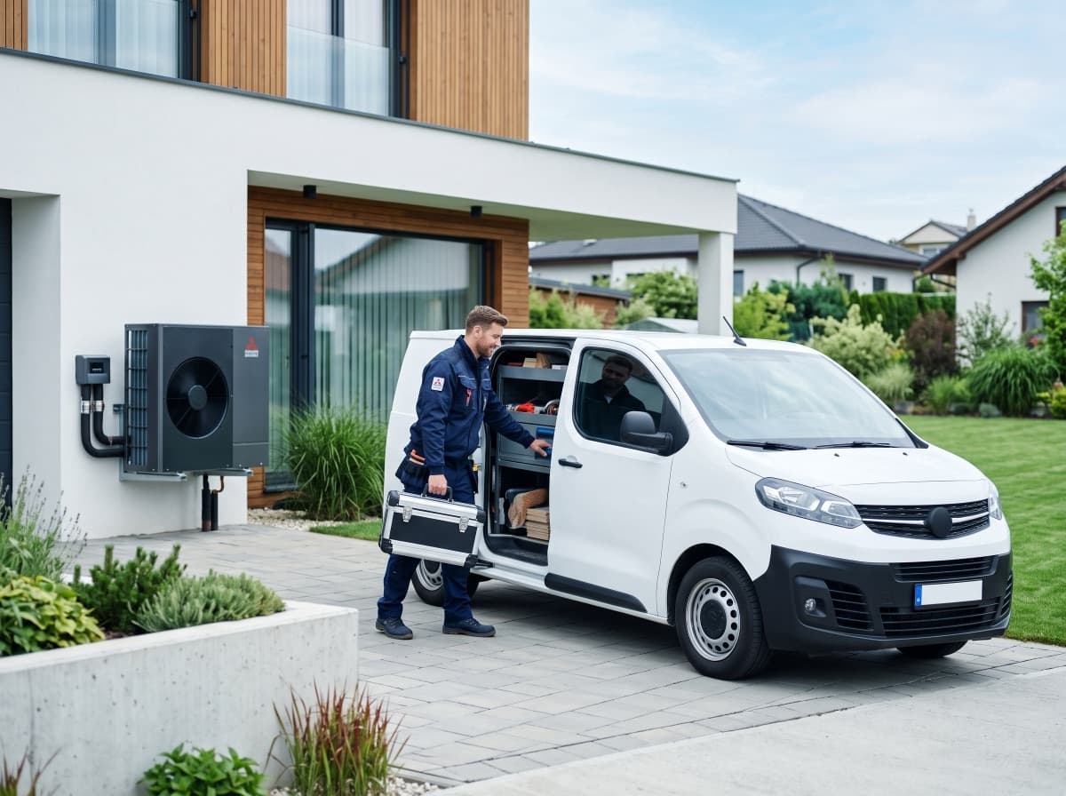 Servisný technik pri dodávke pred rodinným domom